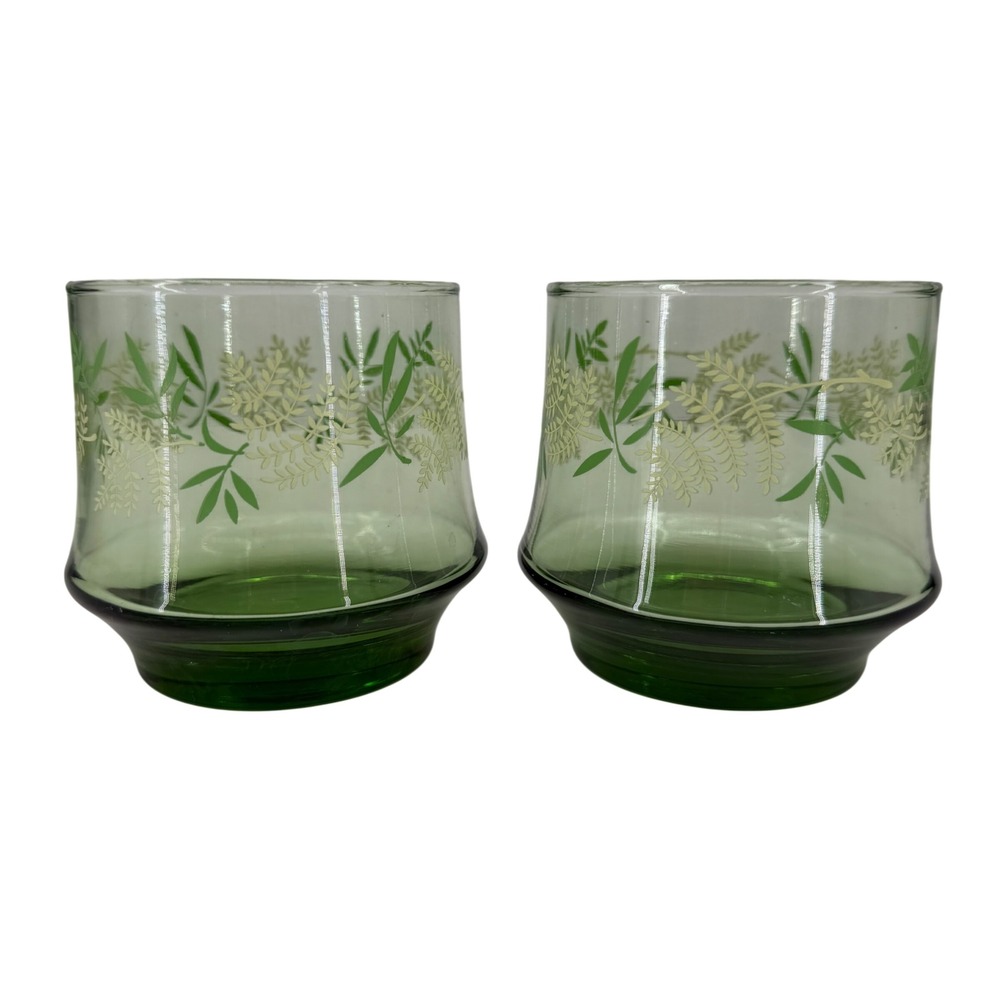 Libbey Vintage Fern Leaf Juice Glasses Set of 2 Green Mid Century Modern